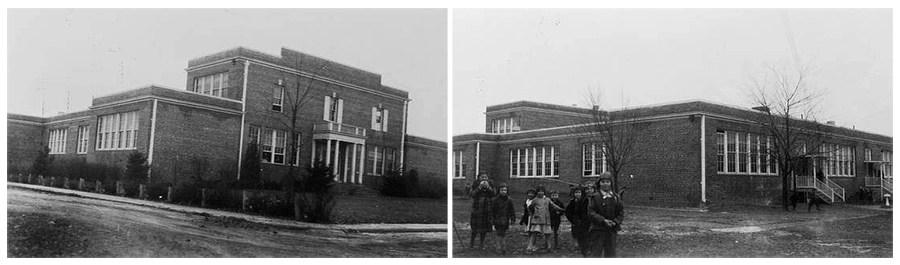 Two black and white photographs of Herndon High School taken in March 1937 by the Virginia Department of Education. The first shows the front of the school and the second the rear of the building with students in the foreground.