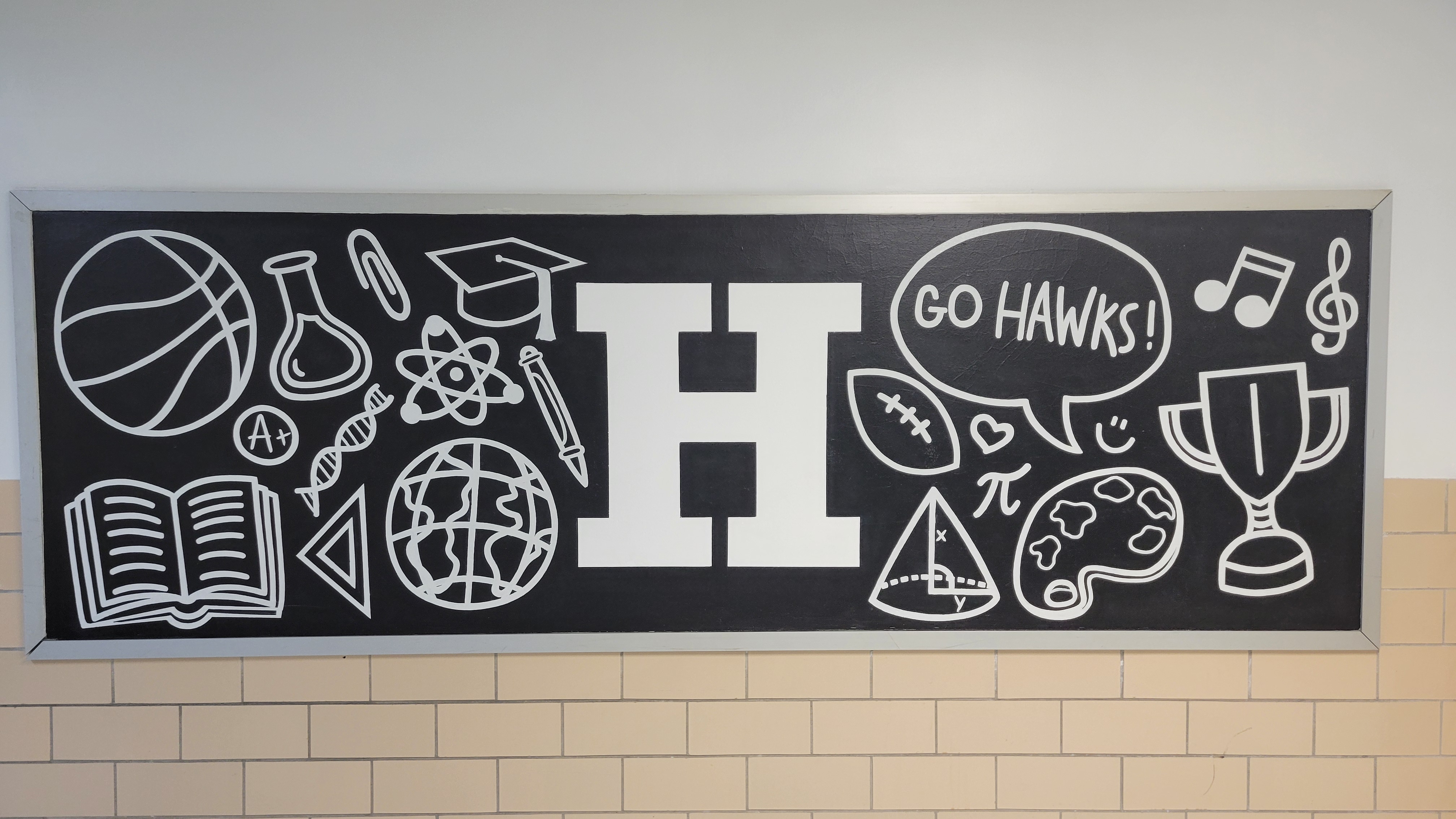 mural of a blackboard with academics and sports