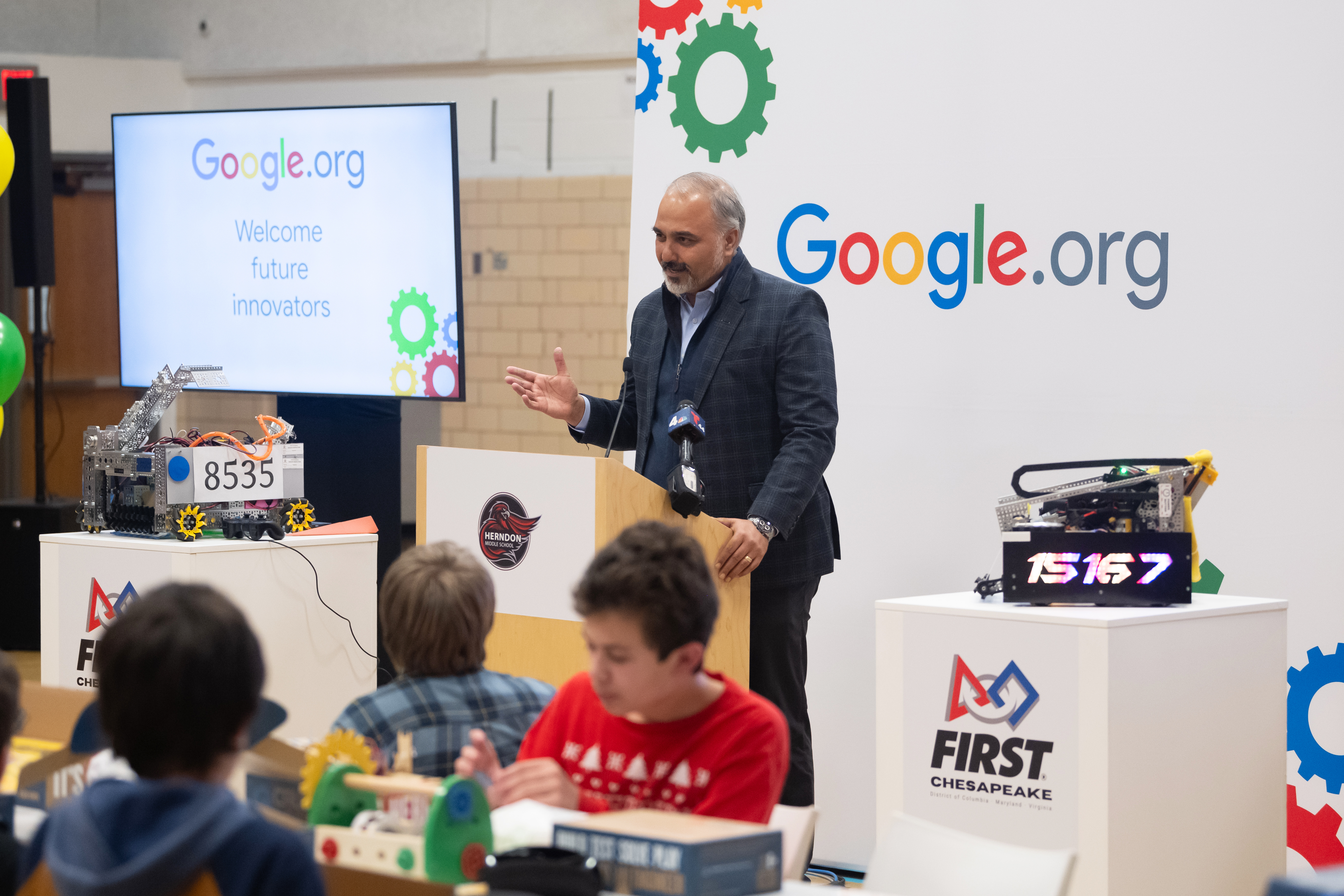FCPS Chief Information Technology Officer Gautam Sethi spoke at the grant award ceremony, expressing enthusiasm for how robotics clubs will help prepare students for the careers of the future.