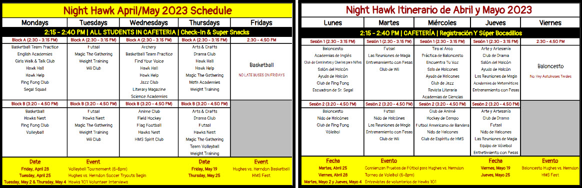 Night Hawk April & May Schedule