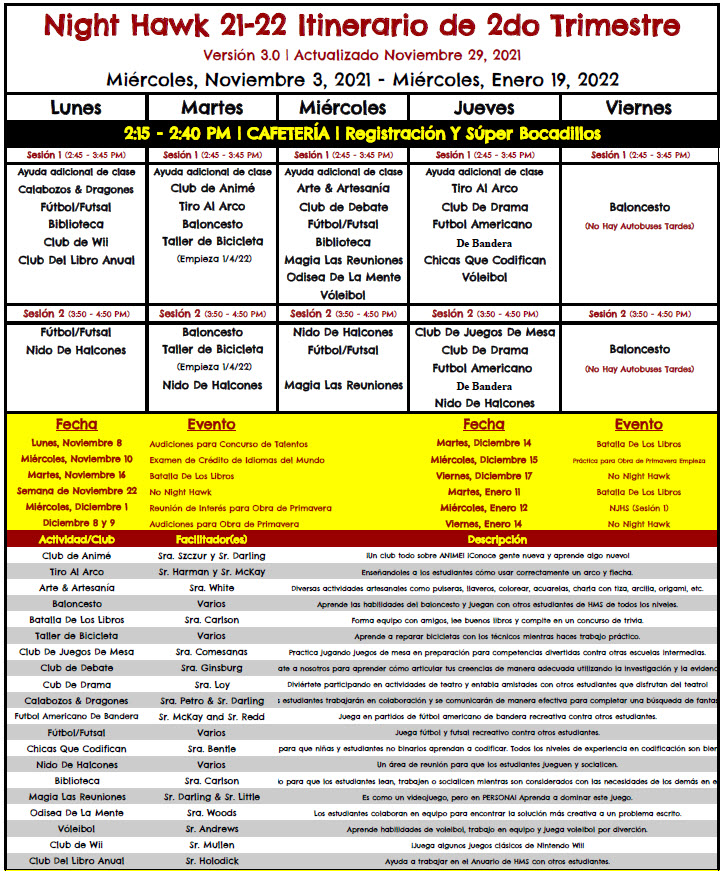 NH Q2 Spanish Schedule